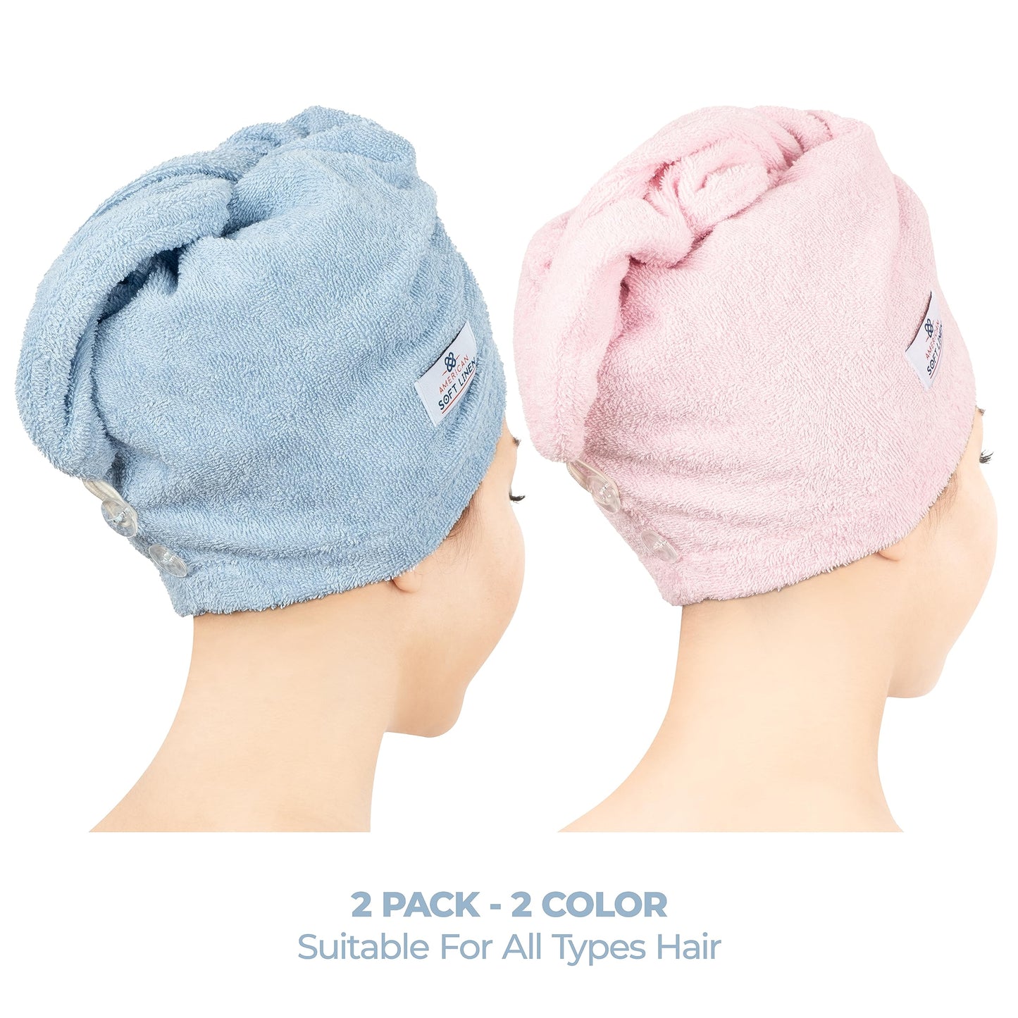 American Soft Linen 100% Cotton Hair Towels for Women, Head Towel Cap, Cotton Hair Turban Towel Wrap for Long Curly Anti Frizz Hair, Soft and Absorbent Cotton Hair Towels 2 Pack, Sky Blue-Pink