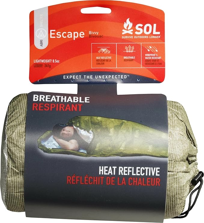 SOL Escape Bivvy with Hood - Emergency Preparedness Blanket - Reflects Up to 70% Body Heat - Outdoor Survival Bivvy - Water Resistant - Durable & Breathable - Winter Camping Supplies - Green
