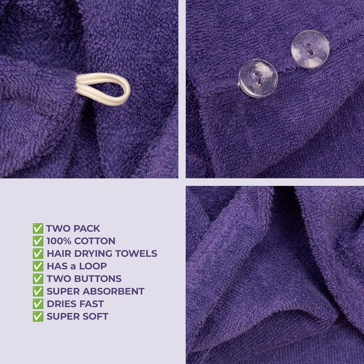 American Soft Linen 100% Cotton Hair Towel Cap and Wrap for Long Curly Anti Frizz Hair, Absorbent 2 Pack, Purple