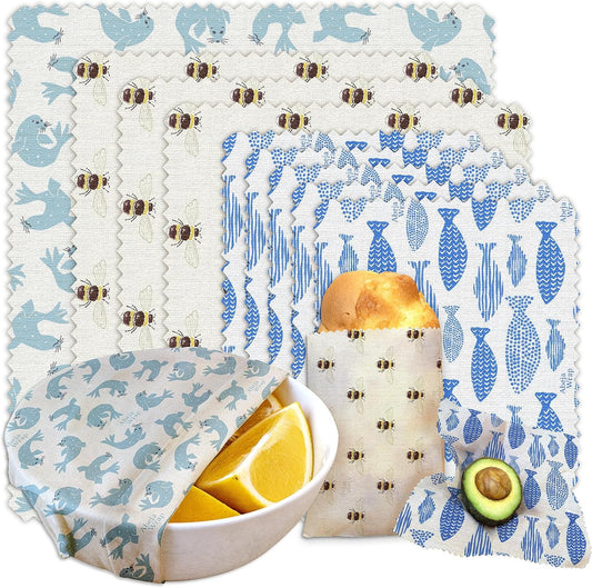 Beeswax Food Wrap 9-Pack (5S 3M 1L), Reusable Beeswax Wraps, Beeswax Wraps Reusable Sustainable Food Storage, Plastic-Free/Seal Bee Fish