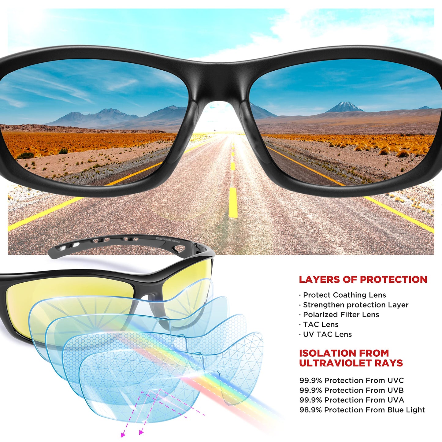RIVBOS Mens Sunglasses Polarized UV Protection TR90 Unbreakable Frame Sports Driving Fishing Cycling RB833-black Night Version Lens