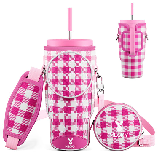Meoky Water Bottle Carrier Bag with Phone Pocket for 40 oz Tumbler with Handle, Neoprene Water Bottle Holder Pouch with Adjustable Strap, 2 Carabiner Clips (Pink Plaid)