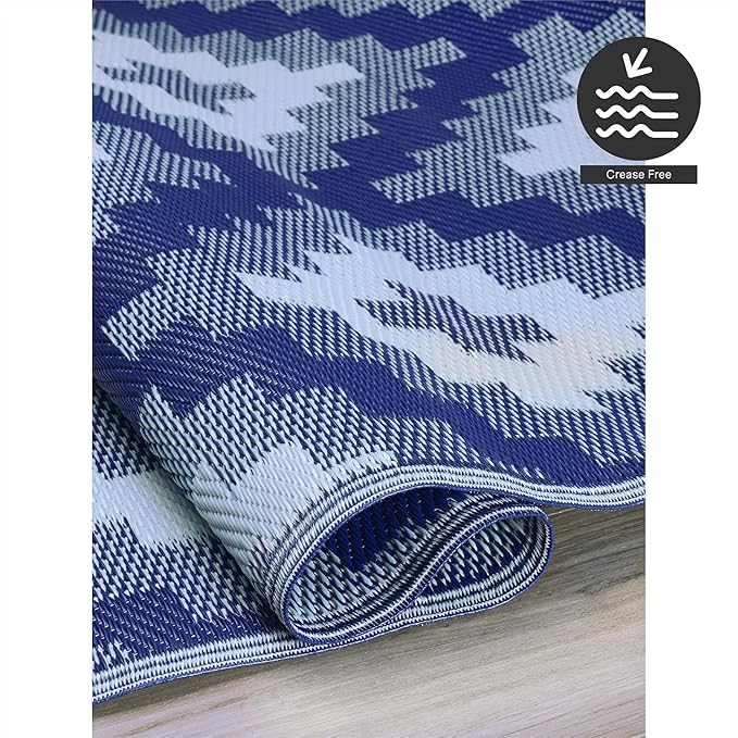 FH Home Outdoor Rug - Waterproof, Fade Resistant, Reversible - Premium Recycled Plastic - Geometric - Patio, Deck, Porch, Balcony, Laundry Room - Aztec Kilim - Blue Multi Crease Free - 5 x 8 ft