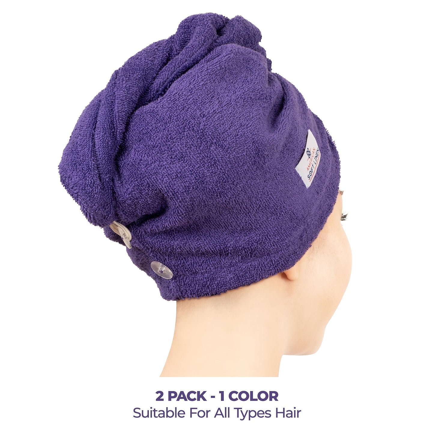American Soft Linen 100% Cotton Hair Towel Cap and Wrap for Long Curly Anti Frizz Hair, Absorbent 2 Pack, Purple