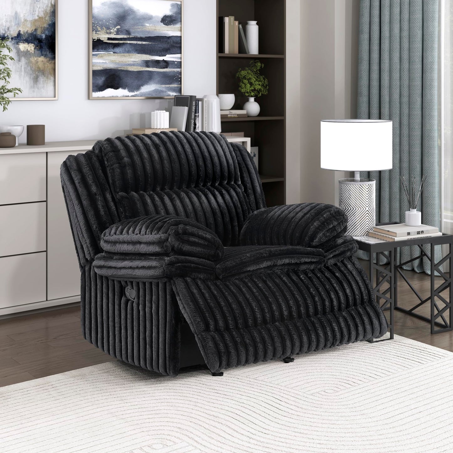 Lexicon Manual Glider Recliner Chair, Corduroy Manual Tab Pull Reclining Chair with Pillow Top Arms, Plush Cushions, Cozy Theater-Style Accent for Living Room/Bedroom, Easy Assembly, Black