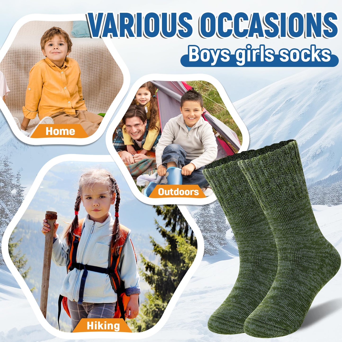 AMENLAN Kids Heated Hiking Socks Winter Children Thick Soft Warm Thermal Snowboarding Boy Girls Insulated Socks 4 Pairs (Multicolor B, 8-12 Years)