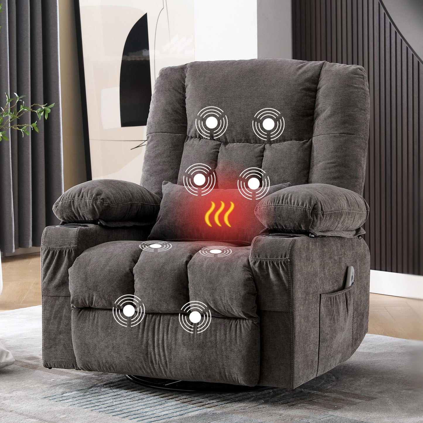 Massage Swivel Recliner Chair, Oversized Rocker Recliner with Vibration Massage and Lumbar Heat Ergonomic Rocker Chair for Living Room with Side Pocket, 2 Cup Holders, USB Charge Port