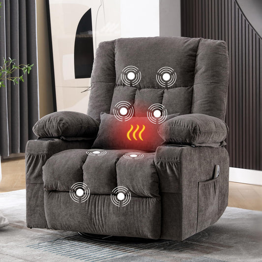 Massage Swivel Recliner Chair, Oversized Rocker Recliner with Vibration Massage and Lumbar Heat Ergonomic Rocker Chair for Living Room with Side Pocket, 2 Cup Holders, USB Charge Port