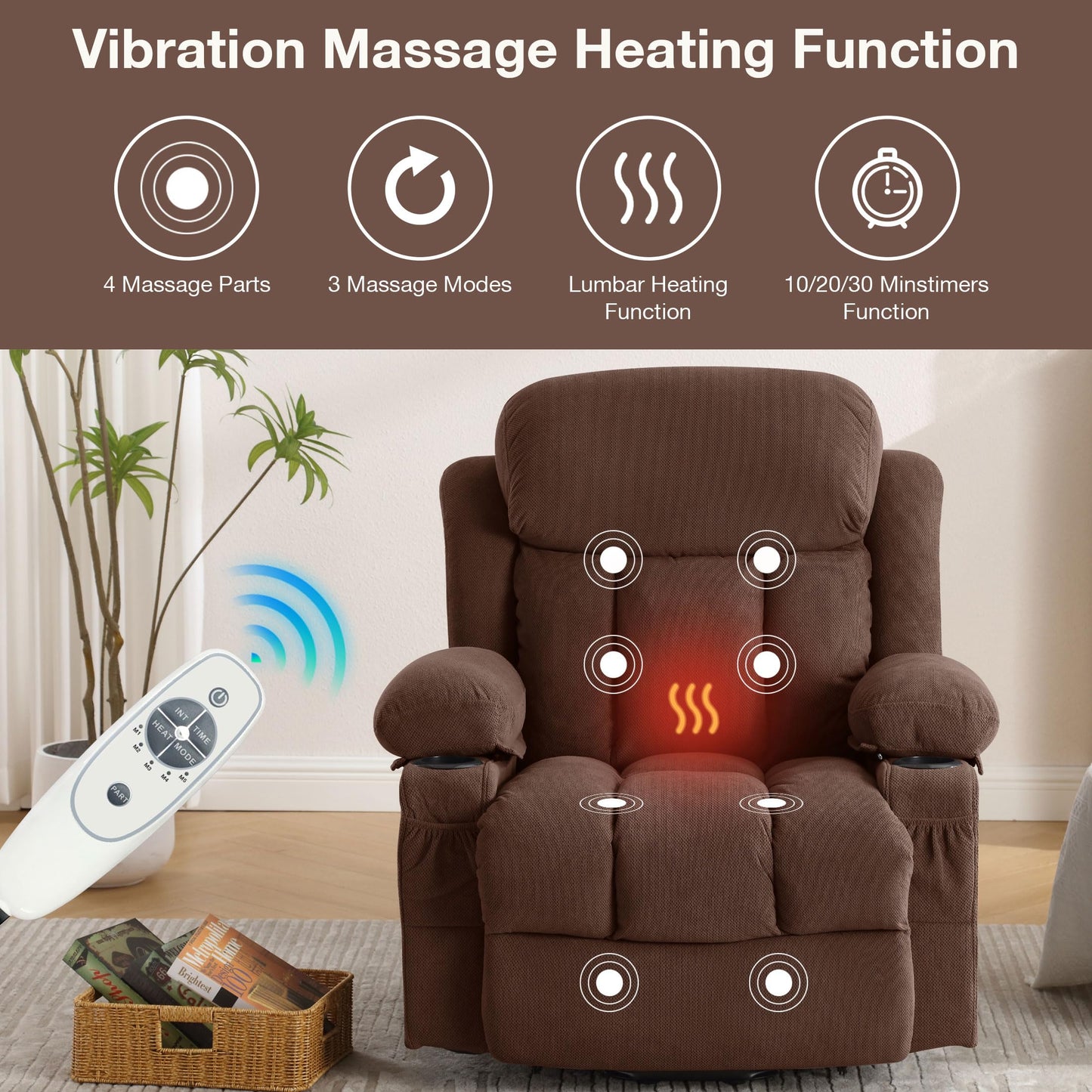 BOSMILLER Power Lift Recliner Chair with Heat and Massage Electric Fabric Recliner Chair for Elderly with Side Pocket, USB Charge Port, Remote Control for Living Room (Deep Brown)