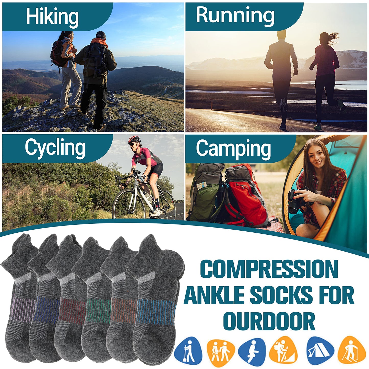 Anlisim Merino Wool Quarter Hiking Socks Compression Warm Thermal Winter Thick Cushion Running Moisture Wicking No Show Socks Gifts Stocking Stuffers for Women Men 6 Pairs(Grey,L)