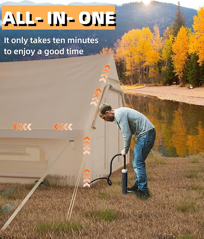 Inflatable Camping Tent with Pump, Luxury Camping Tent, Easy to Set Up, 4-Season Waterproof and Windproof Outdoor Gazebos, Luxury Cabin Tent with Two Doors and Six Windows.