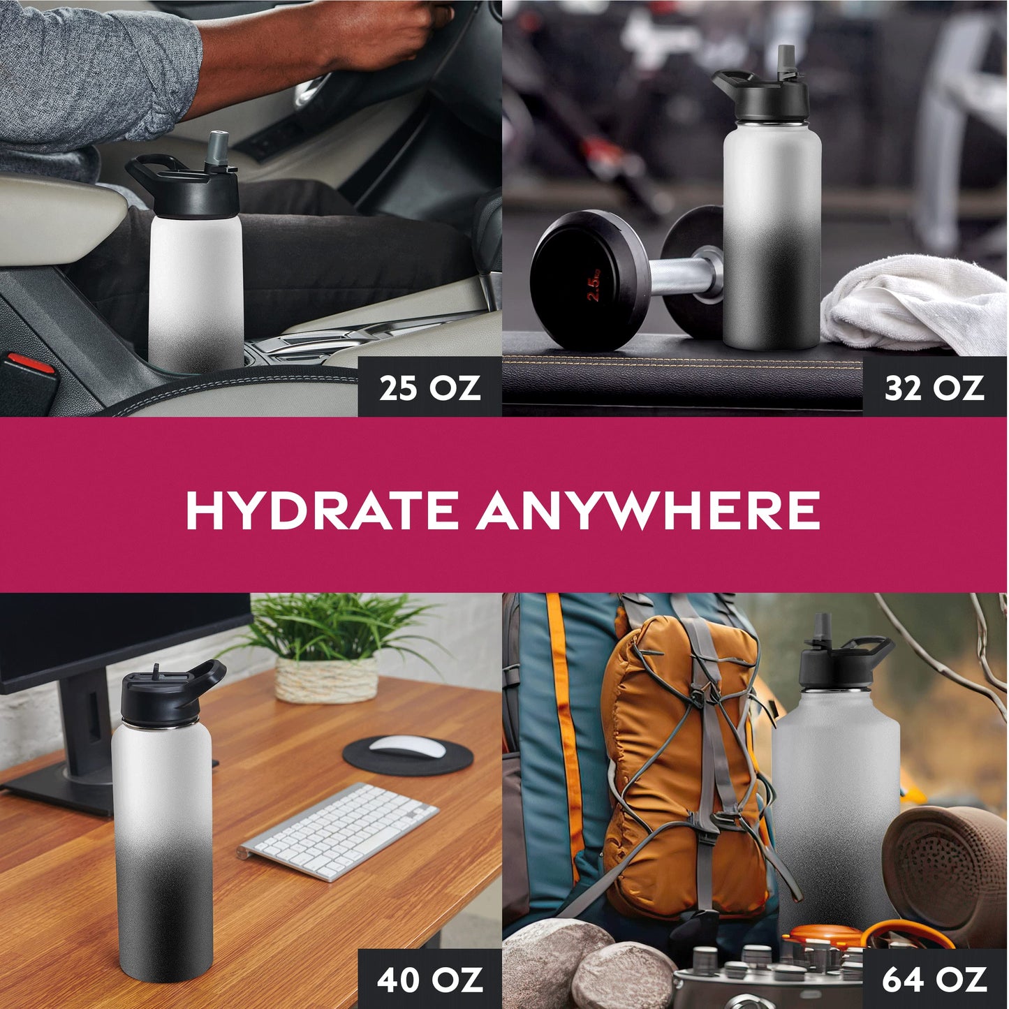 FineDine Triple Walled, Insulated Water Bottles with Straw - 40 Oz Stainless Steel Metal Bottle W/ 3 Leak Proof Lids - For Travel, School, Sports, Gym / Men, Women & Kids - Dreamy Black-White