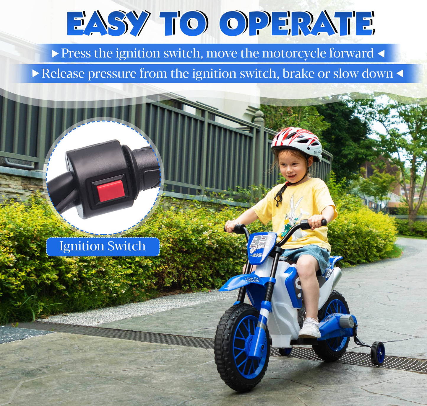 TOBBI Kids Motorcycle Dirt Bike 12V Electric Motorcycles Ride on Toys Battery Powered Motorbike Off-Road Motocross for Toddler Boys Girls 3+Years w/ 2 Speeds, 35W Dual Motors, Training Wheels, Blue