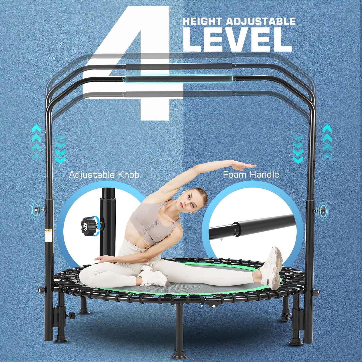 ANCHEER 40" Foldable Mini Trampoline Max Load 450lbs, Fitness Trampoline with Bungees, Adjustable Foam Handle, Indoor Exercise Trampoline for Adults Inoor/Garden Workout