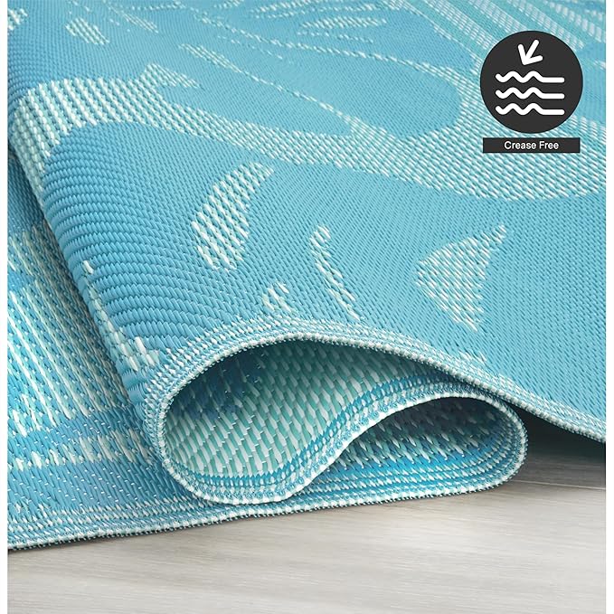 FH Home Outdoor Rug - Waterproof, Fade Resistant, Reversible - Premium Recycled Plastic - Tropical, Botanical - Patio, Deck, Porch, Balcony - Hana Leaves - Blue Crease Free - 5 x 8 ft