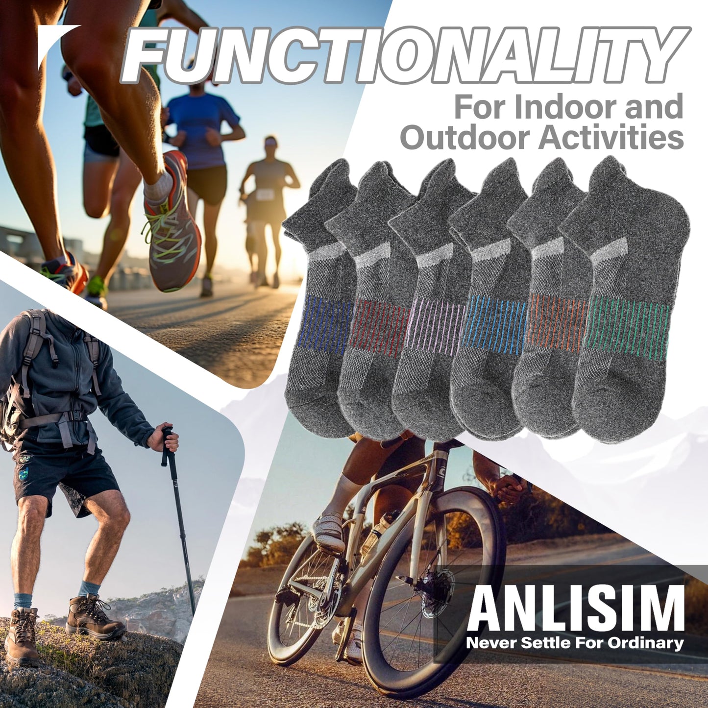Anlisim Merino Wool Quarter Hiking Socks Compression Warm Thermal Winter Thick Cushion Running Moisture Wicking No Show Socks Gifts Stocking Stuffers for Women Men 6 Pairs(Grey,L)