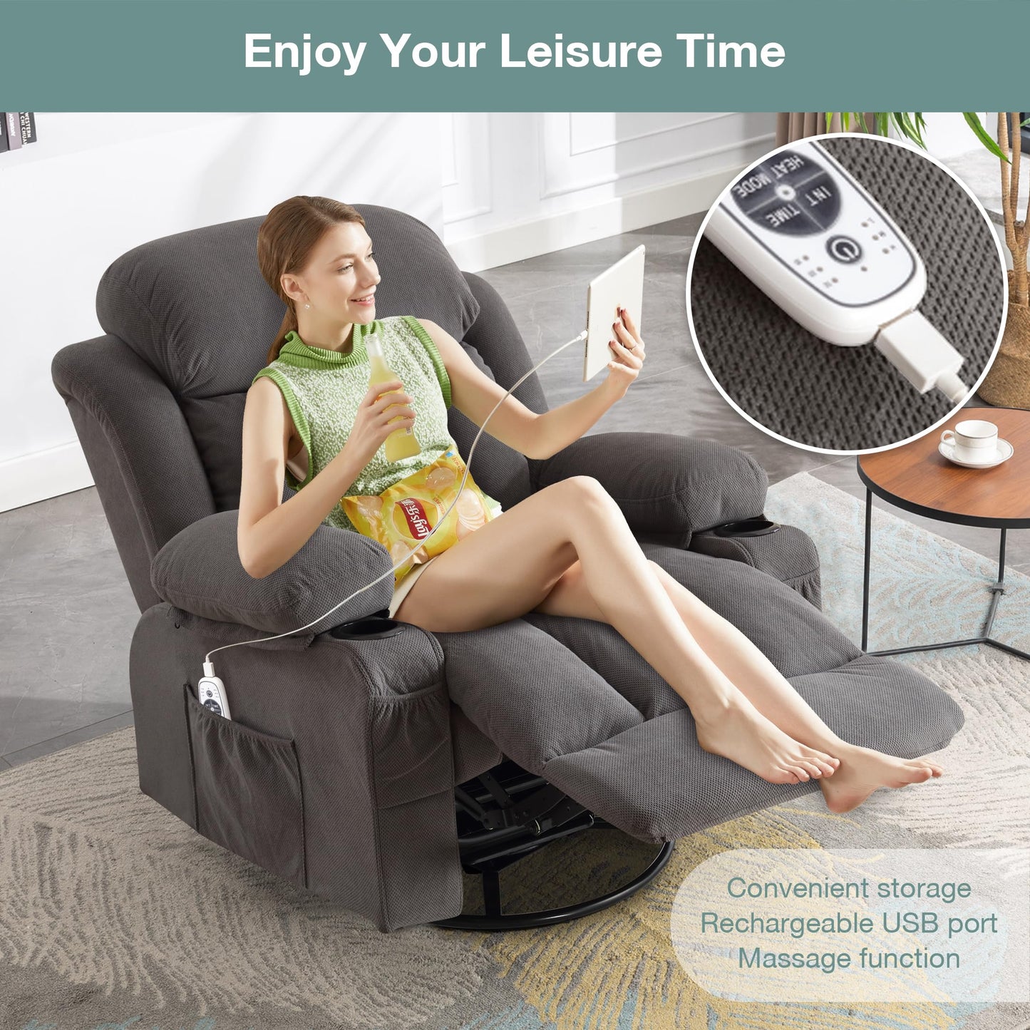 BOSMILLER Massage Recliner Chair, Swivel and Rocking Recliner with Heat and Vibration, Breathable Fabric Ergonomic Single Sofa Chair for Living Room with Cup Holders, Side Pockets and USB (Grey)