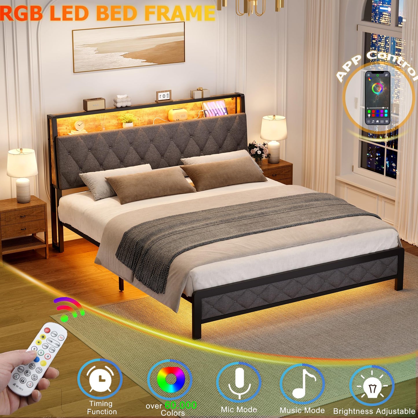 Ailisite Full Size Bed Frame with Storage Headboard and Charging Station, Led Bed Frame Full Size with Charging Station, Upholstered Platform Bed Frame with Hidden Storage, Easy Assembly, Dark Grey