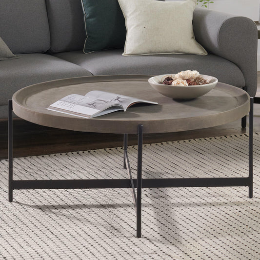 Alaterre Furniture Brookline 42-Inch Round Concrete-Coated Wood Coffee Table with Tray Top and Black Iron Legs – Industrial Farmhouse Living Room Accent Table with X-Frame Base