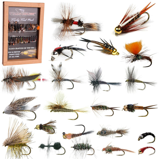 RoxStar Fly Shop | Barbless Trophy Trout Fly Assortment 24pk | Wet & Dry Barbless Trout Flies | Tied in House - Never Outsourced! Proud Partner of Trout Unlimited!