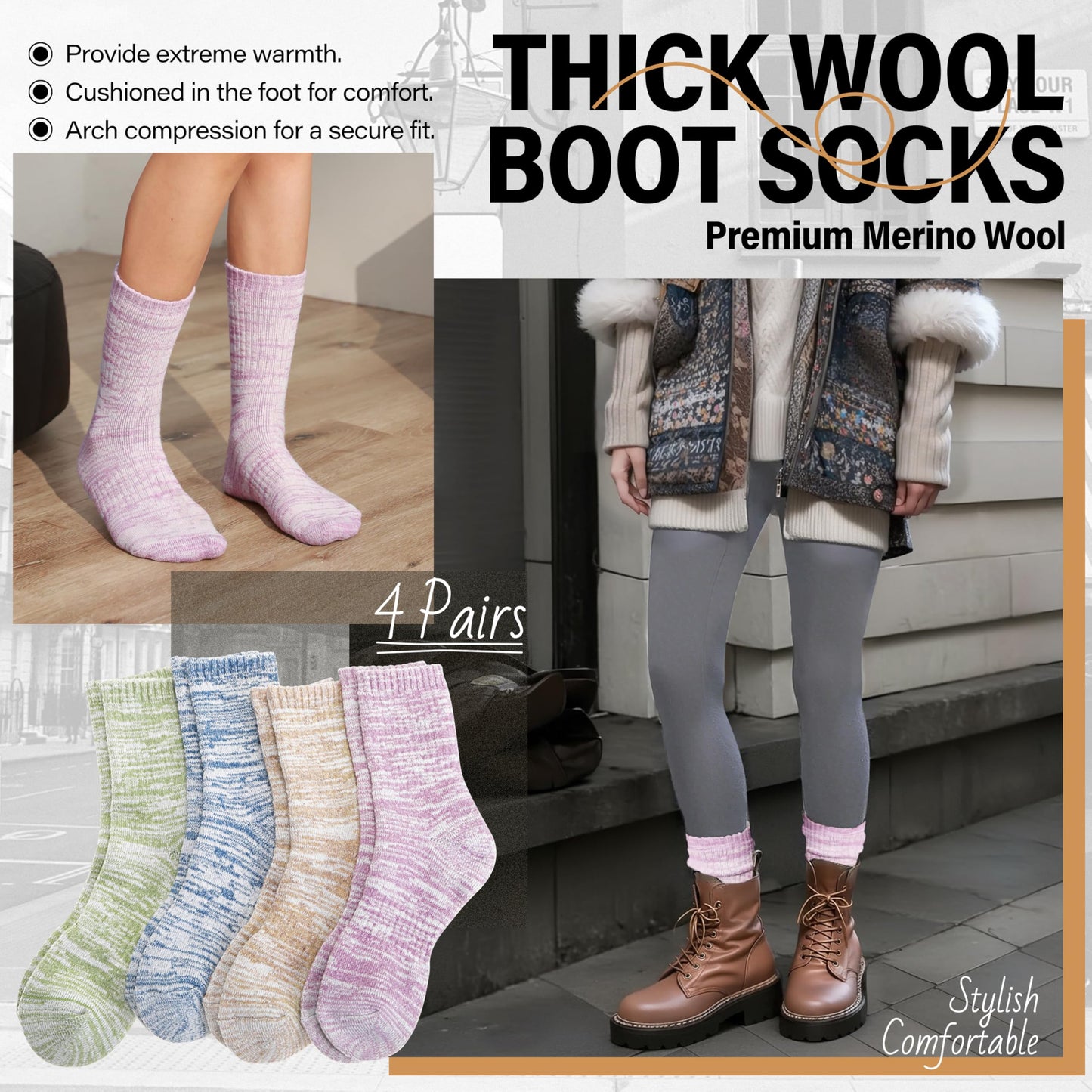 Anlisim Merino Wool Warm Boot Hiking Socks Thermal Extra Thick Winter Cozy Crew Comfy Cushioning Work Women Men Socks 4 Pairs(Color Mix,M)