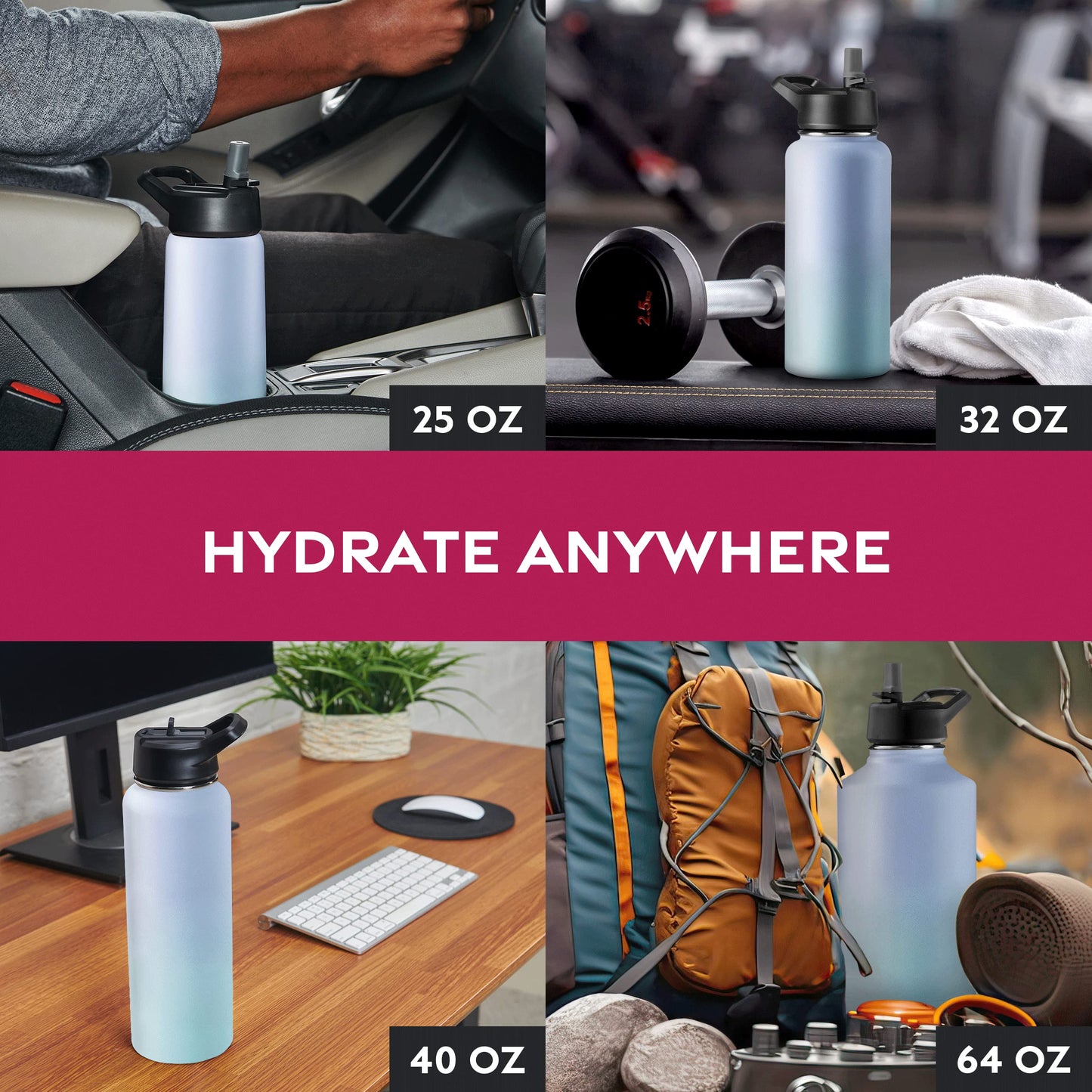 FineDine Triple Walled, Insulated Water Bottles with Straw - 25 Oz Stainless Steel Metal Bottle W/ 3 Leak Proof Lids - For Travel, School, Sports, Gym/Men, Women & Kids - Powder Steel Blue