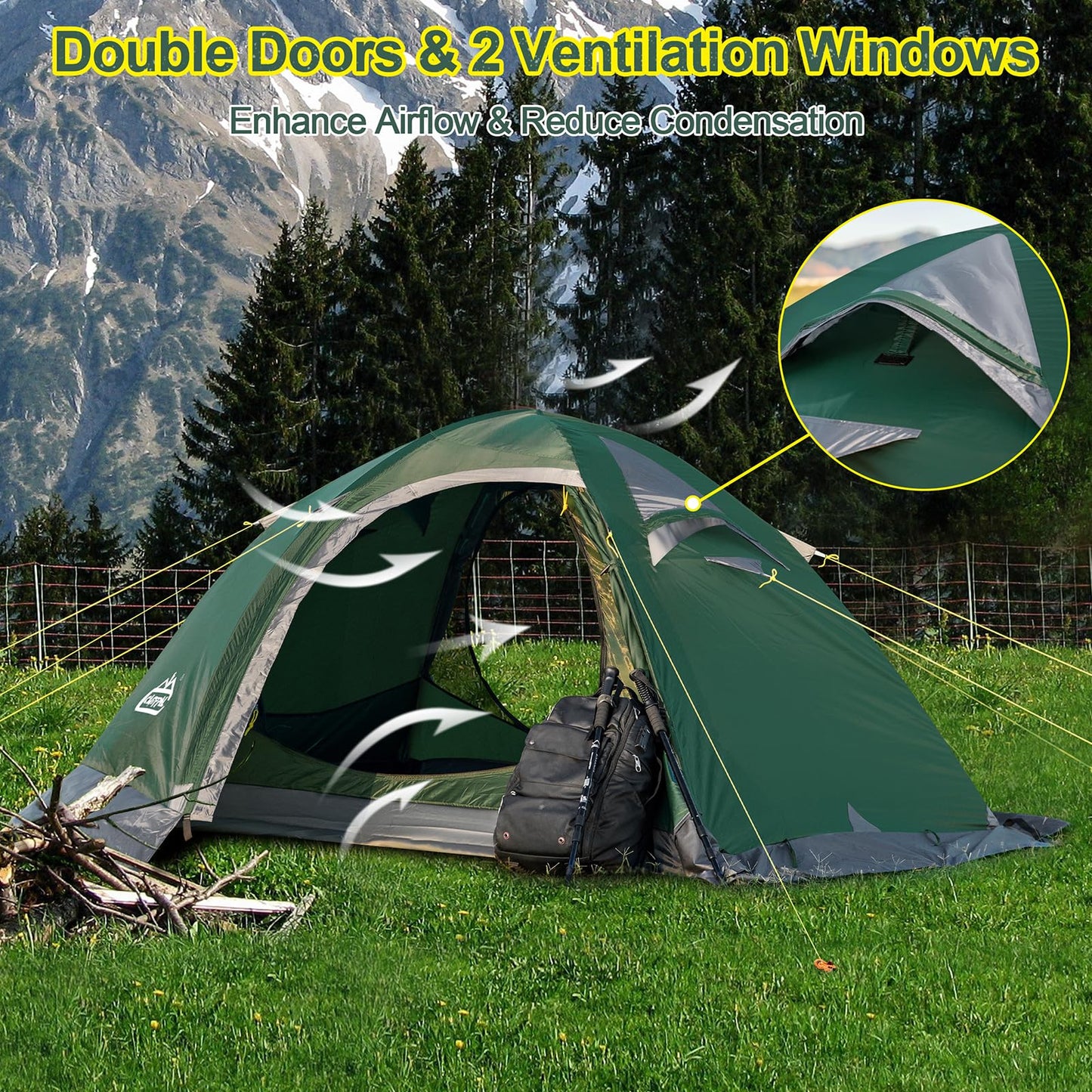 Camppal 2 Person Backpacking Tent, Waterproof 4 Season Tent, Windproof Rainproof Cold Weather Winter Tent for Camping, Hiking, Hunting, Motorbiking, Cycling - Green