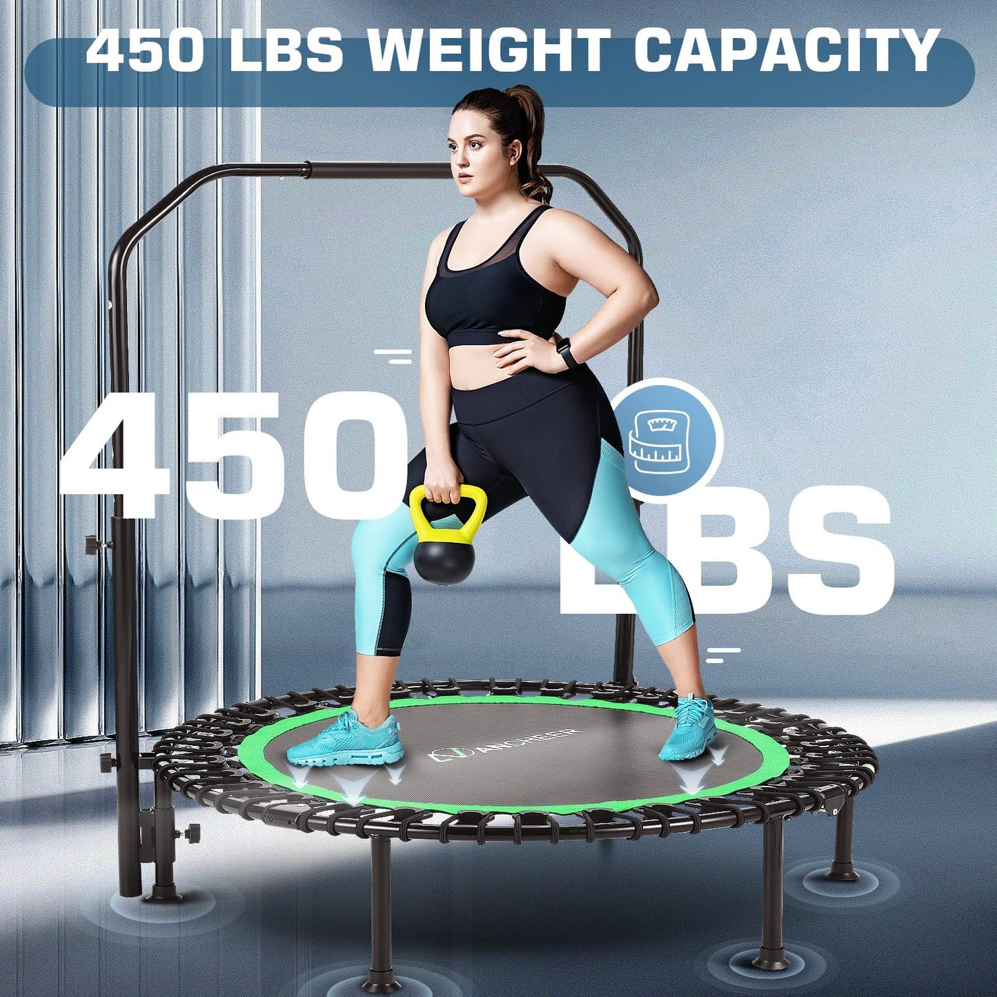 ANCHEER 40" Foldable Mini Trampoline Max Load 450lbs, Fitness Trampoline with Bungees, Adjustable Foam Handle, Indoor Exercise Trampoline for Adults Inoor/Garden Workout