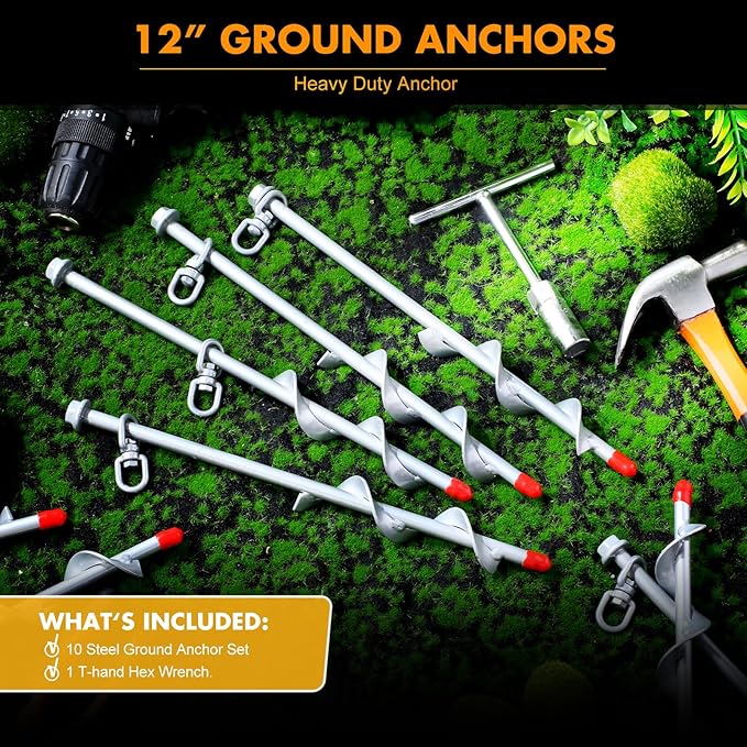 Hiboom Ground Anchor Screw Heavy Duty Earth Anchors Tent Stakes for High Wind with T Handle Hex Wrench Trampoline Hook Ground Stakes for Camping Canopies Car Ports Sheds (10 Pcs,Silver,12 Inch)