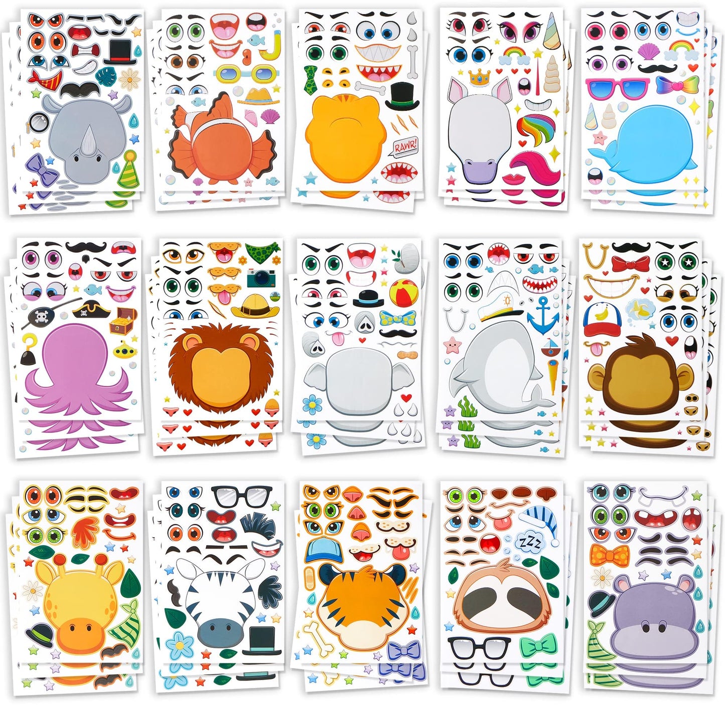 JOYIN 90 PCS 9.8”x6.7 Make-a-face Sticker Sheets Make Your Own Animal Mix and Match Sticker Sheets with Safaris, Sea and Fantasy Animals Kids Party Favor Supplies Craft