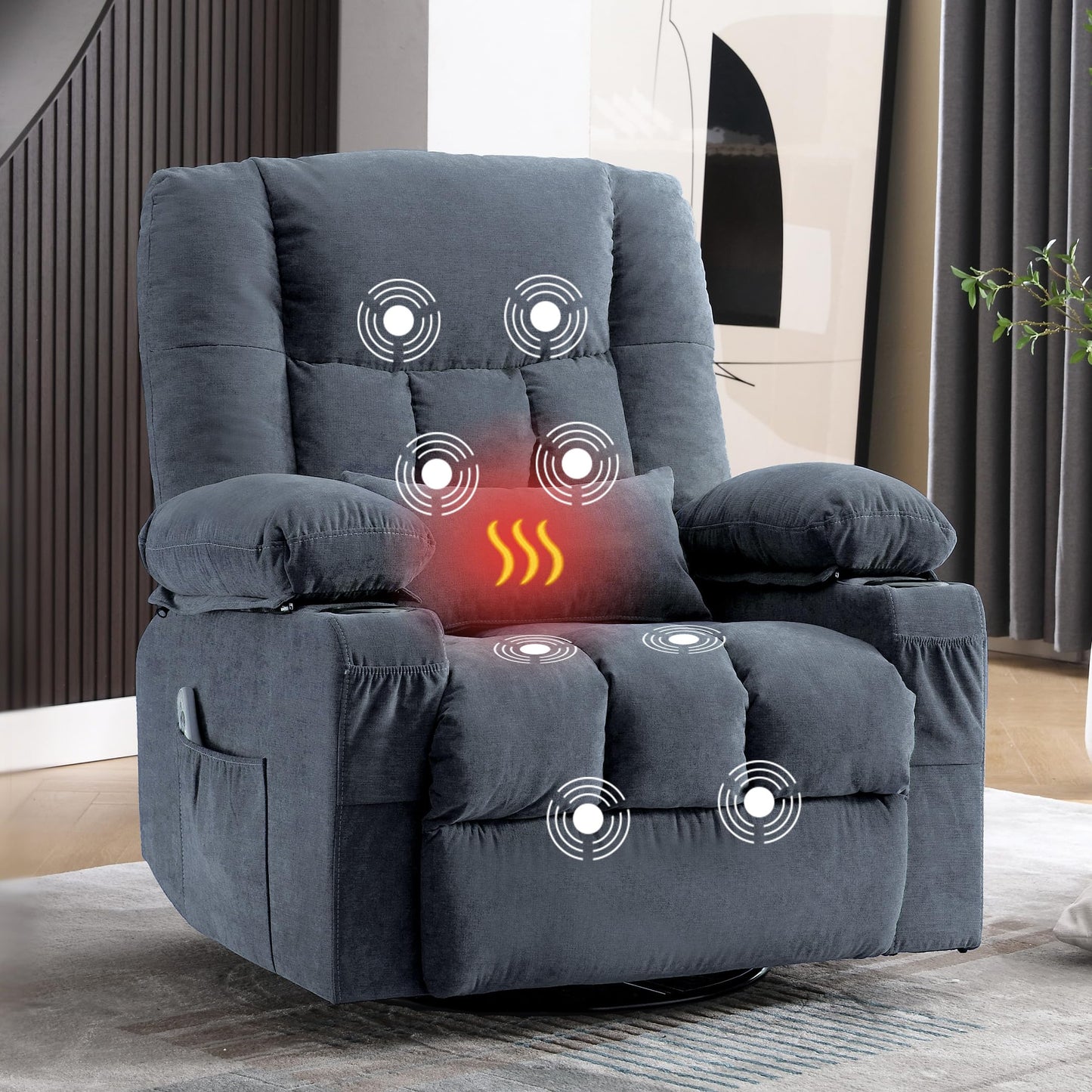 Massage Swivel Recliner Chair with Vibration Massage and Lumbar Heating for Adults, Oversized Rocker Recliner Single Sofa with Side Pocket, Two Cup Holders and USB Charge Port for Living Room