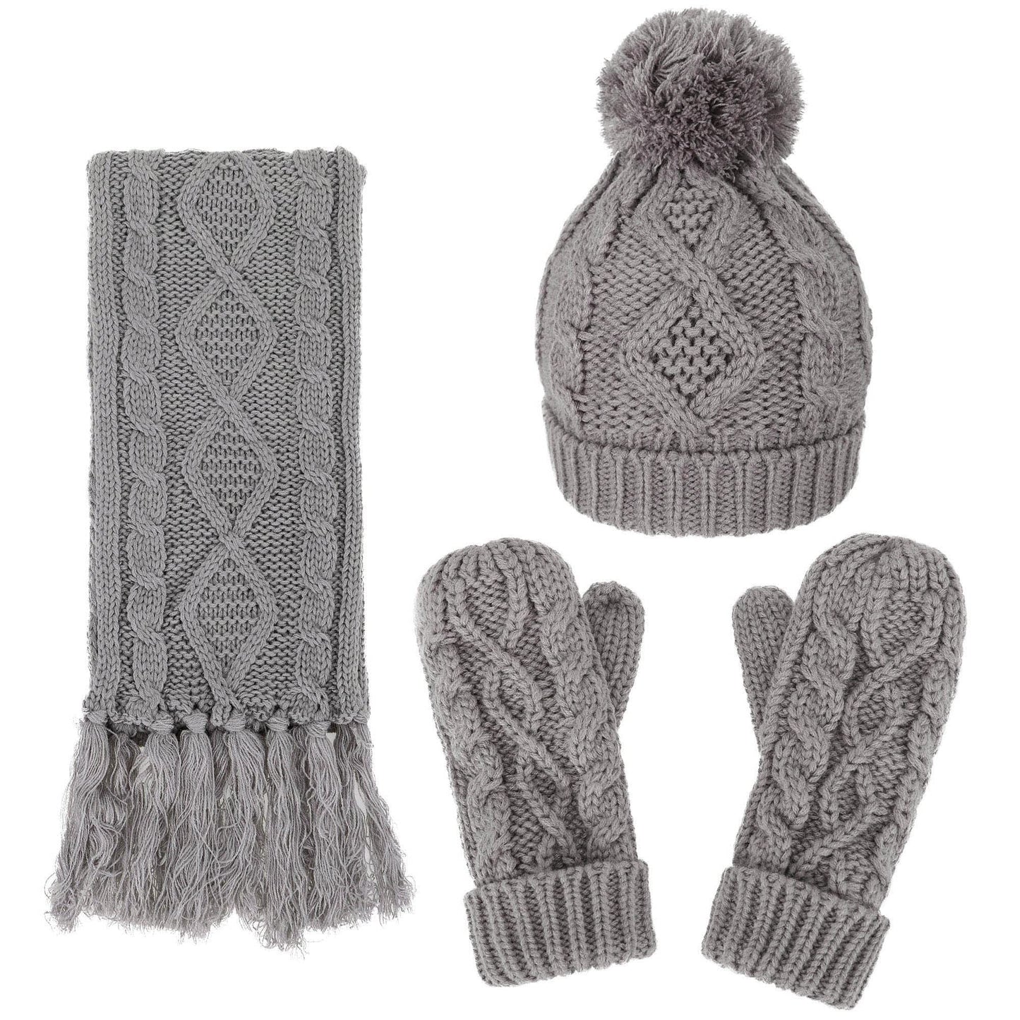 ANDORRA Women Soft Warm Thick Knitted Beanie Scarf & Gloves Winter Set,Grey