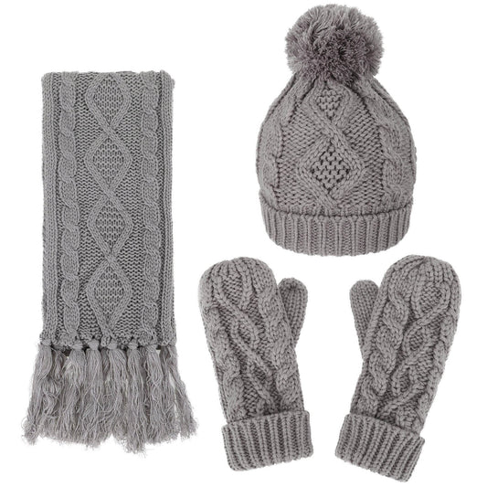 ANDORRA Women Soft Warm Thick Knitted Beanie Scarf & Gloves Winter Set,Grey