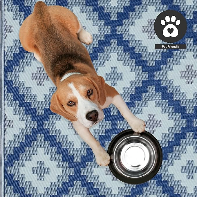 FH Home Outdoor Rug - Waterproof, Fade Resistant, Reversible - Premium Recycled Plastic - Geometric - Patio, Deck, Porch, Balcony, Laundry Room - Aztec Kilim - Blue Multi Crease Free - 5 x 8 ft