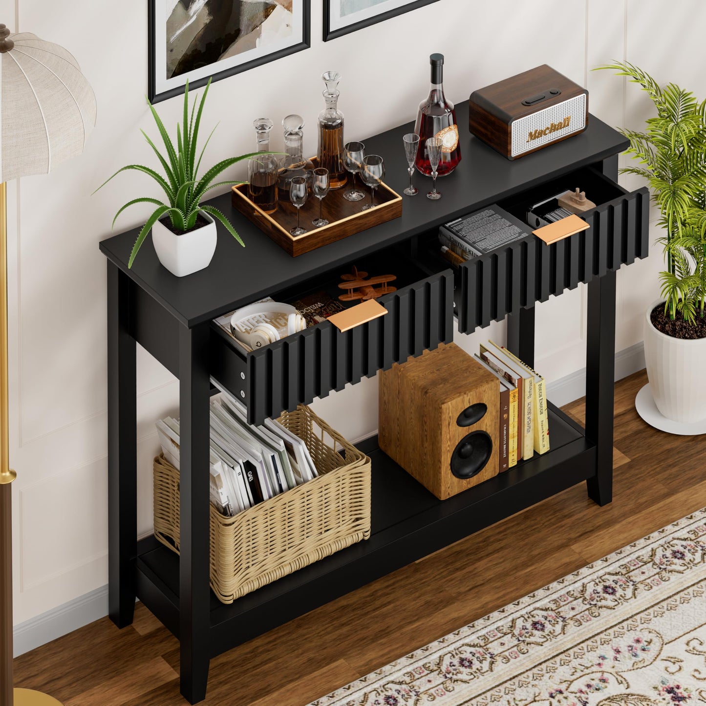 Alaxgumrol 39 inch Entryway Table with Storage, Narrow Console Table with 2 Drawers, Modern Sofa Table with Open Storage Shelf for Living Room, Foyer Hallway, Black