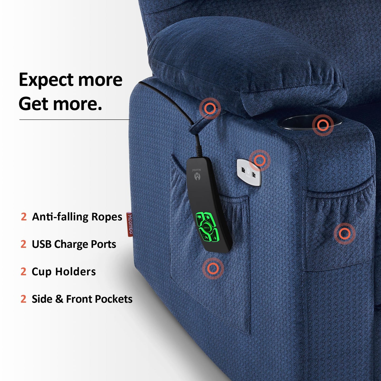 MCombo Large Dual Motor Power Lift Recliner Chair for Elderly, Massage and Heat, Lay Flat, Zero Gravity, Home Button, USB Port, Fabric 7680 (Large, Navy Blue)