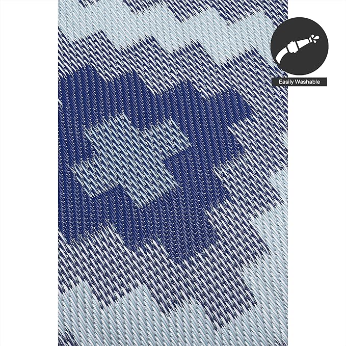 FH Home Outdoor Rug - Waterproof, Fade Resistant, Reversible - Premium Recycled Plastic - Geometric - Patio, Deck, Porch, Balcony, Laundry Room - Aztec Kilim - Blue Multi Crease Free - 5 x 8 ft