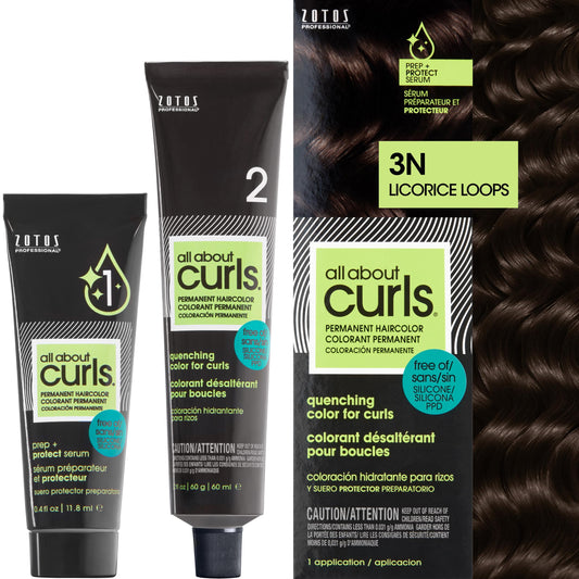 All About Curls 3N Licorice Loops Permanent Hair Color (Prep + Protect Serum & Hair Dye for Curly Hair) - 100% Grey Coverage, Nourished & Radiant Curls