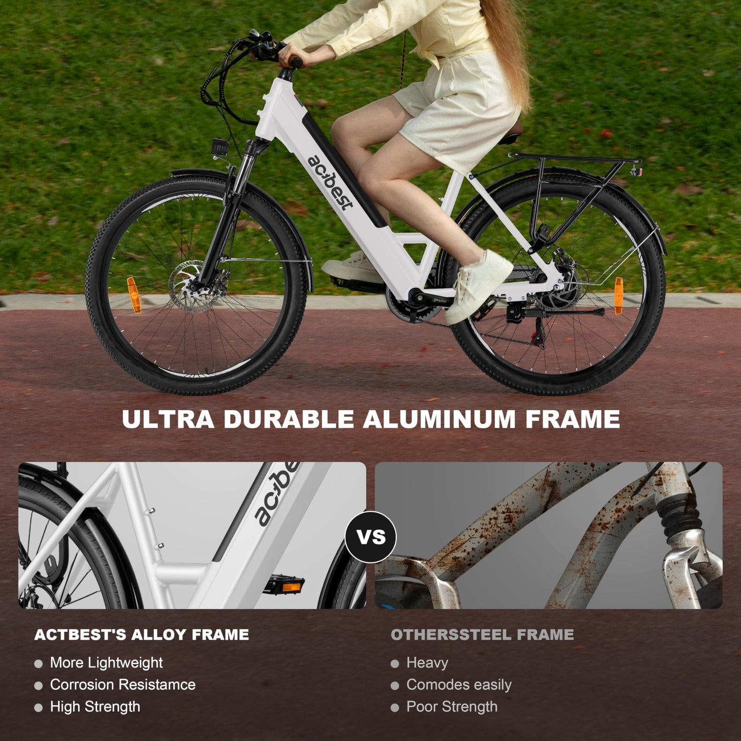 ACTBEST Core Electric Bike for Adults - 468Wh Removable Battery, 26 inch Step Thru Electric Bicycle, 350W(Peak 750W) Brushless Motor Cityrun Ebike, with 7 Speed, Up to 50 Miles, White