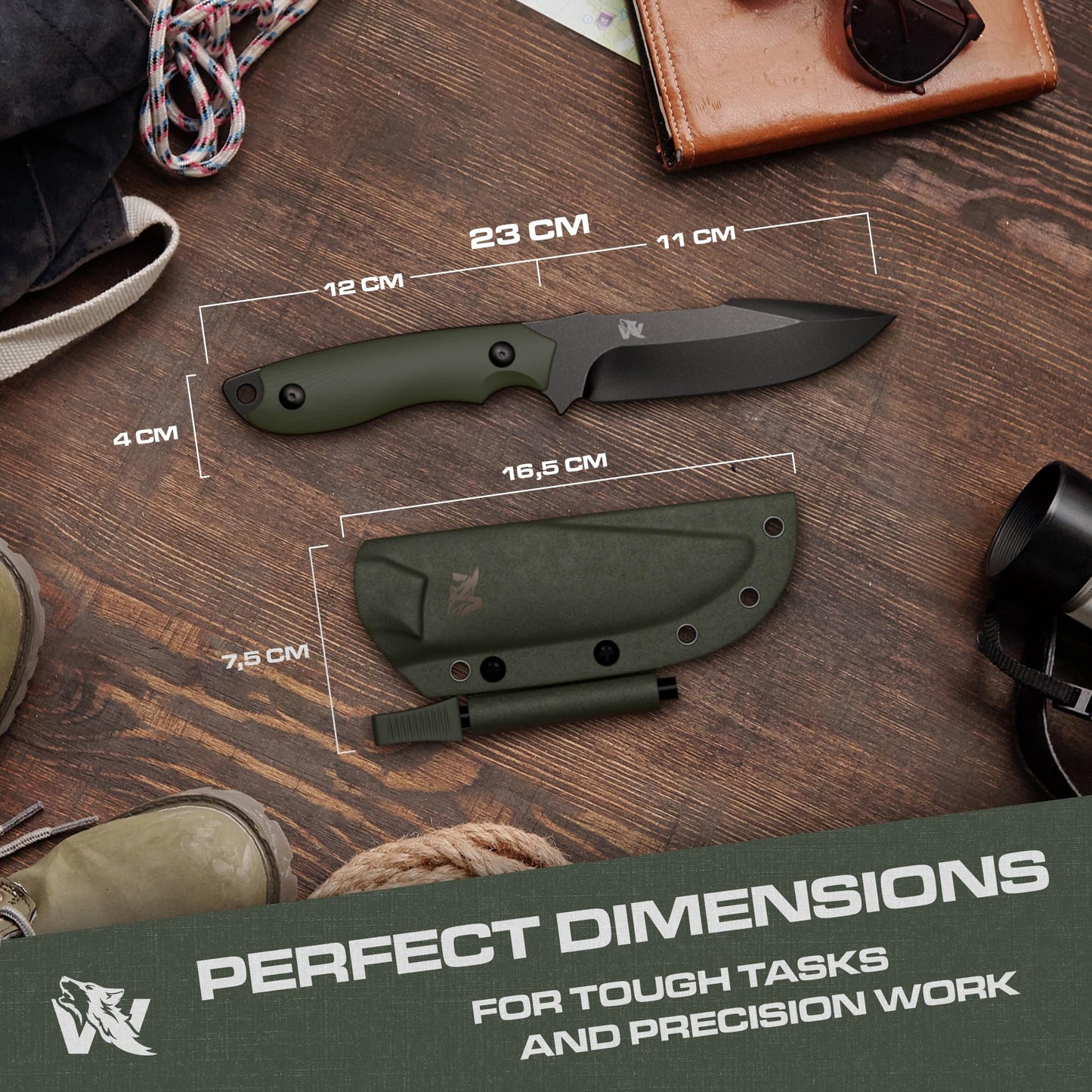 ODENWOLF AMBULO Fixed Blade Survival Knife with Kydex Sheath and Fire Starter - Bushcraft Knife Full Tang - Made of strong D2 Steel - Hunting Knife with Belt Loop and G10 Handle - Full Tang Knife