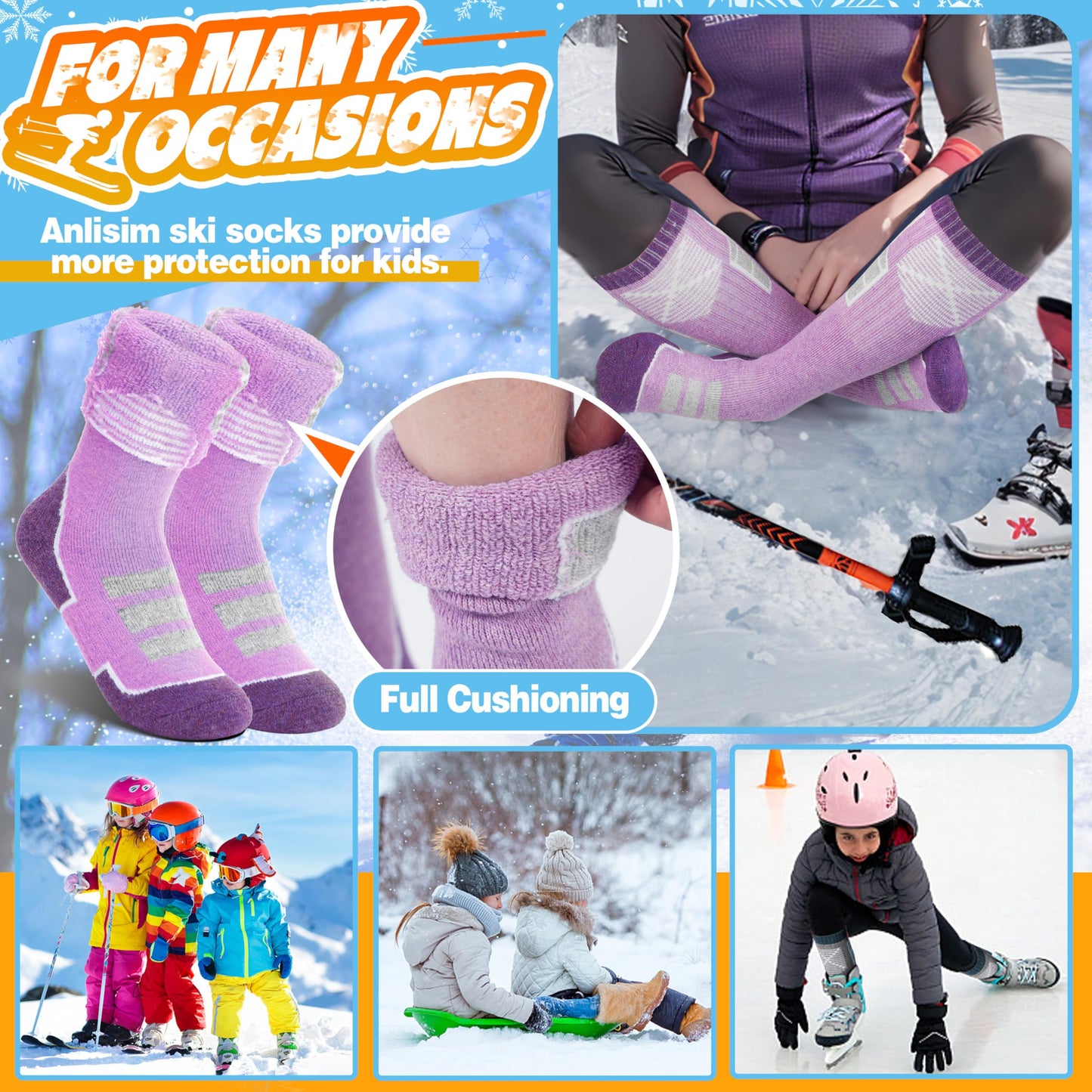 Anlisim Kids Merino Wool Ski Socks 3 Pairs Girls Boys Thermal Winter Warm Thick Breathable Socks for Skiing Snowboarding (Mixed,4-7 Years)