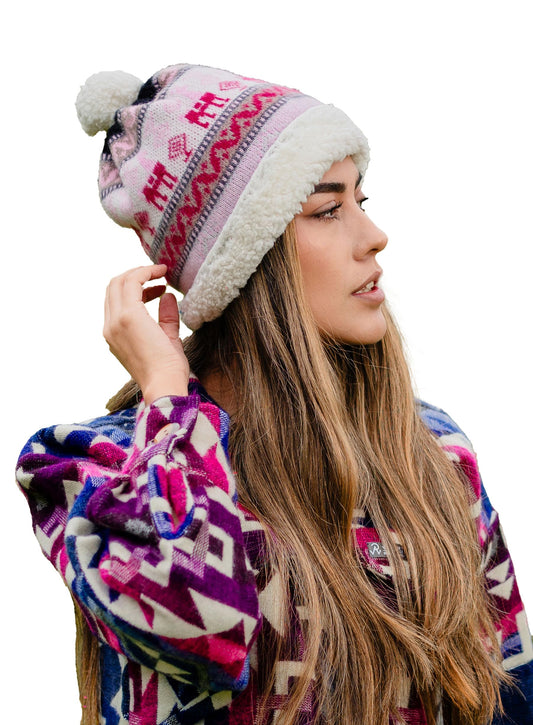 Alpaca Beanie for Men & Women, Alpaca Wool Winter Hat with Sheepskin Interior Coverage, Stylish Comfortable made by Otavalenos Artisans from Ecuador. (Pink, Varicolored)