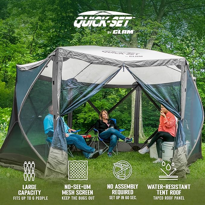 CLAM Quick-Set Escape Sport 11.5’ x 11.5’ Pop-Up Outdoor Camping Gazebo Instant Screen Tent 6-Sided Canopy Shelter with 6 Wind and Sun Panels, Gray