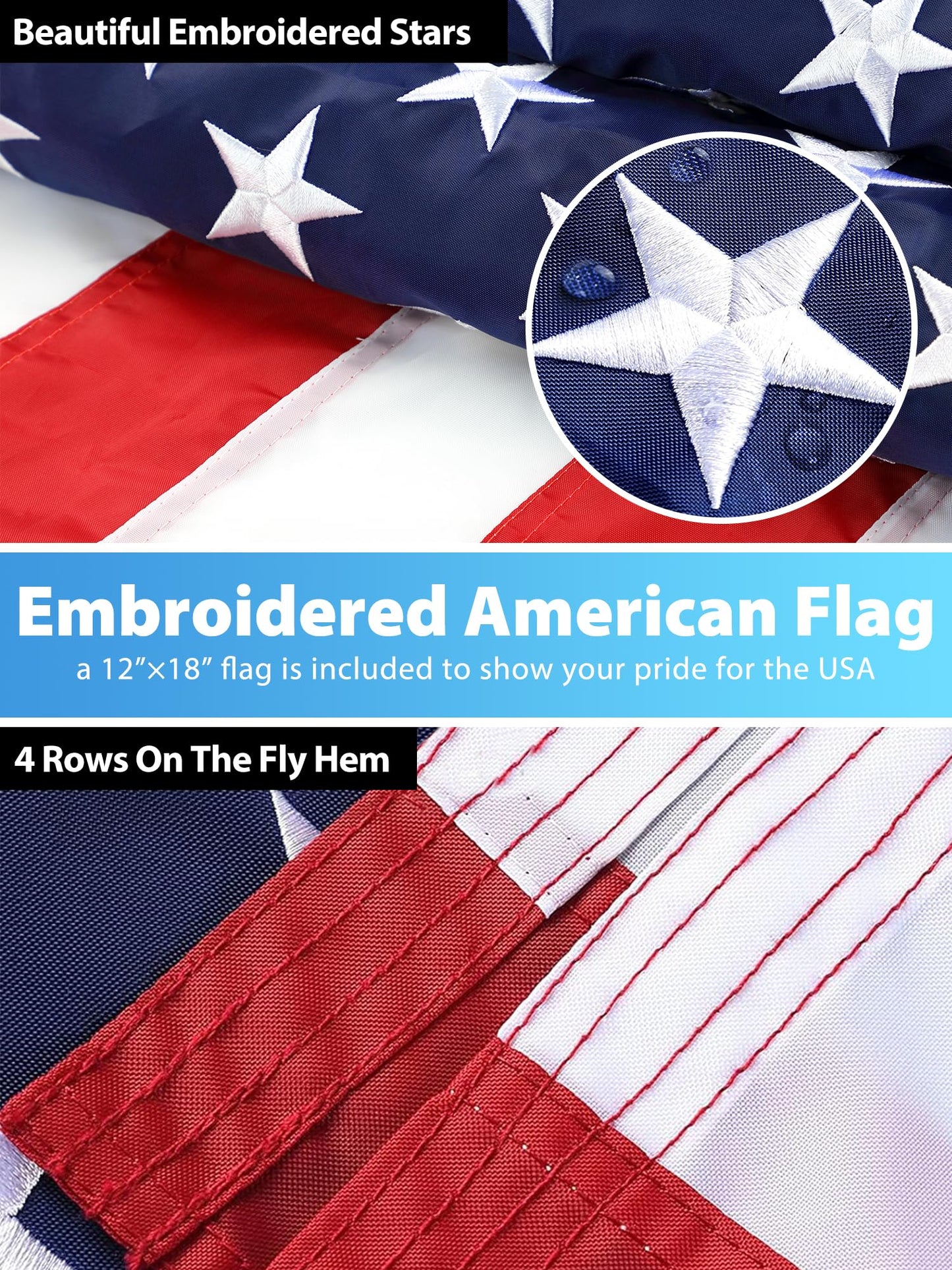 Boat Flag Pole, Pontoon Boat Accessories Flag Pole Kit, 75 in Flag Pole with 12”x18” American Flag, Adjustable Holder Mount, Tangle Free Rings, Metal Black Marine Flags Pole Fit 0.5”-1.1” Yacht Rails