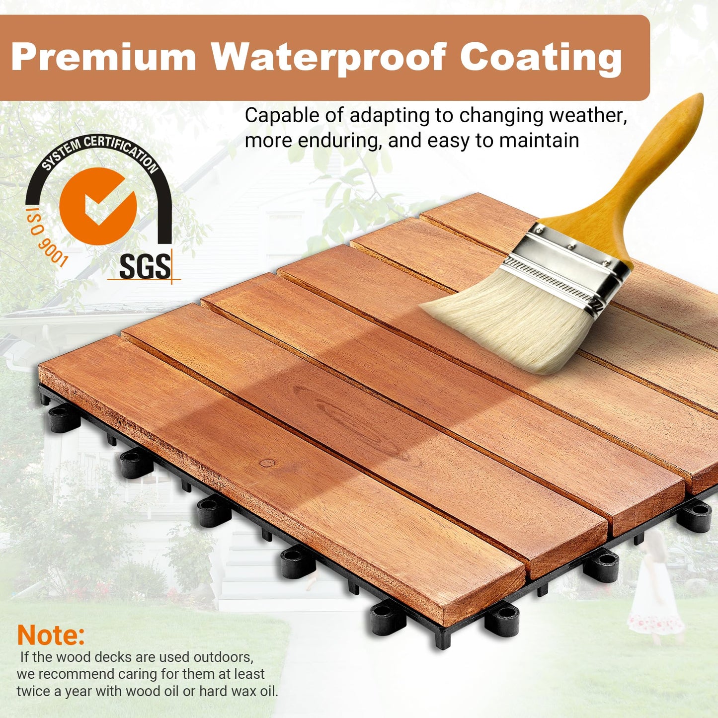 PrimeZone 297 PCS FSC Certified Acacia Wood Interlocking Deck Tiles - 12" x 12" Waterproof Indoor Outdoor Patio Flooring Decking Tiles for Balcony, Backyard & Poolside, All Weather Use, Natural Wood