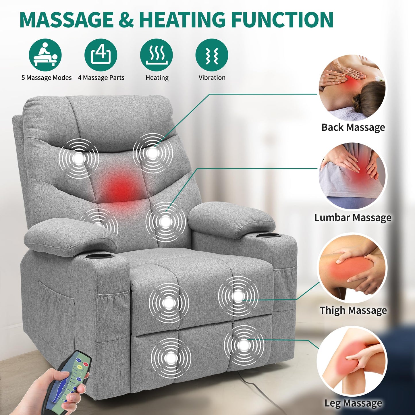 YITAHOME Oversized Swivel Rocker Recliner Chair with Massage & Heat, 270° Rocking Fabric Recliner for Big and Tall, Cup Holders & Side Pockets, Comfortable Theater Seating for Living Room, Gray