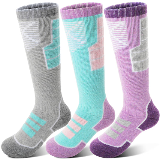 Anlisim Kids Merino Wool Ski Socks 3 Pairs Girls Boys Thermal Winter Warm Thick Breathable Socks for Skiing Snowboarding (Mixed,4-7 Years)