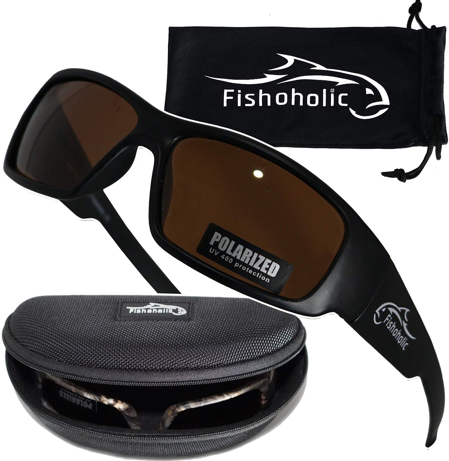Fishoholic Polarized Fishing Sunglasses (8 Color Options) - Free Hard Case & Pouch - UV400 - Great Fishing Gift for Dad Son (mb-AMB)