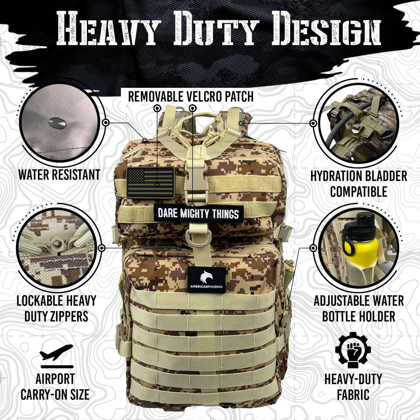 AMERICANPHOENIX 45L Elite Tactical Backpack | 3X Stronger Work & Military Backpack | Water Resistant and Heavy Duty | 3 Day MOLLE Bug Out Bag (Sand Storm)
