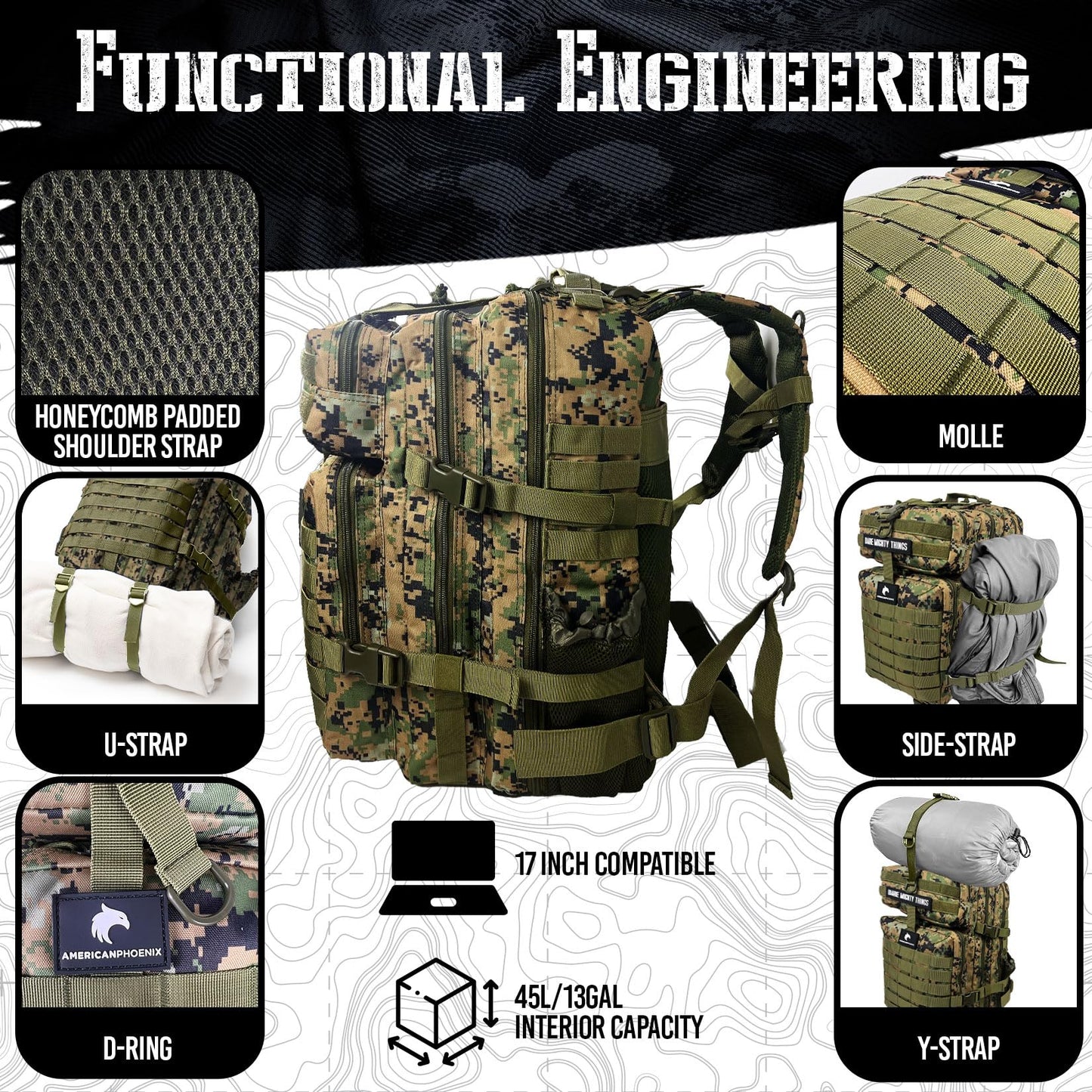 AMERICANPHOENIX 45L Elite Tactical Backpack | 3X Stronger Work & Military Backpack | Water Resistant and Heavy Duty | 3 Day MOLLE Bug Out Bag (Mossy Woods)